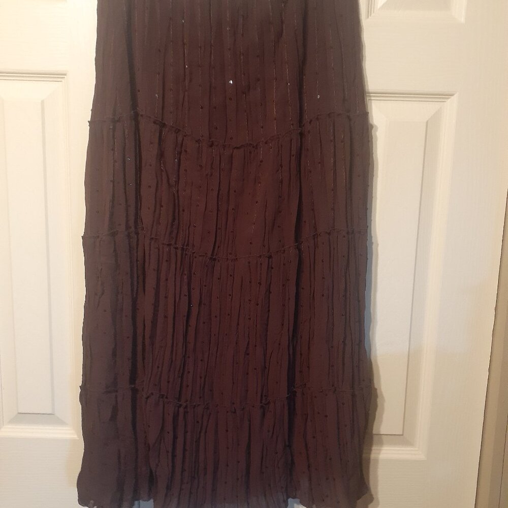 Misses Chocolate Brown Pull-On Tiered Maxi Skirt with Sequins